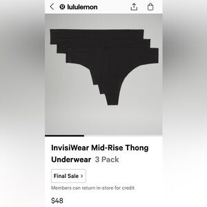 3 Pair Lululemon Invisiwear Thong - Black